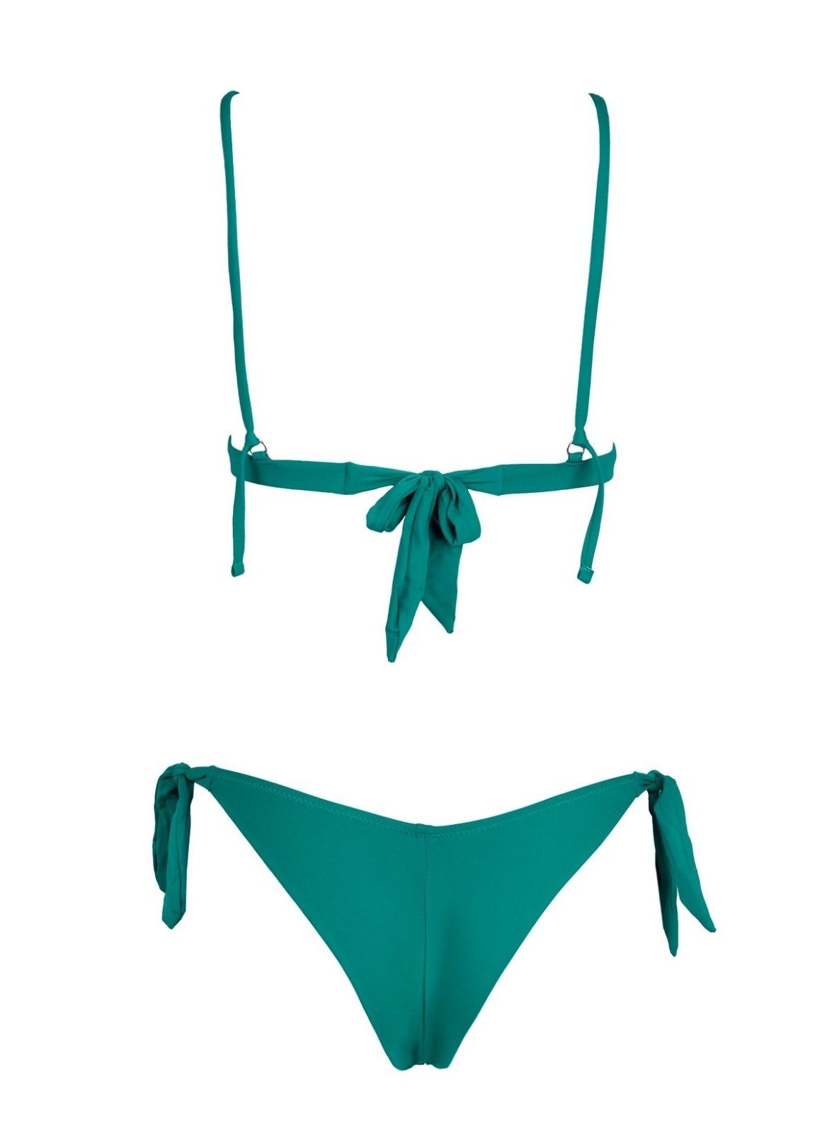 Teal string bikini top with tie back and teal side-tie bikini bottom, laid flat on white background