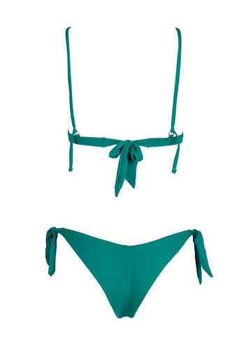 Teal string bikini top with tie back and teal side-tie bikini bottom, laid flat on white background
