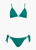 Teal triangle bikini top with ring detail and teal side-tie bikini bottom, laid flat on white background