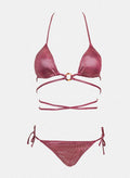 Dusty pink shimmer triangle bikini top with ring detail, wrap straps and dusty pink side-tie bikini bottom, laid flat on white