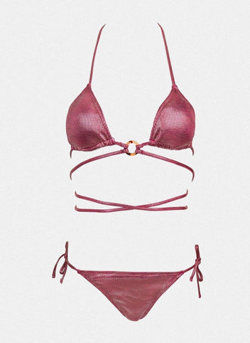 Dusty pink shimmer triangle bikini top with ring detail, wrap straps and dusty pink side-tie bikini bottom, laid flat on white