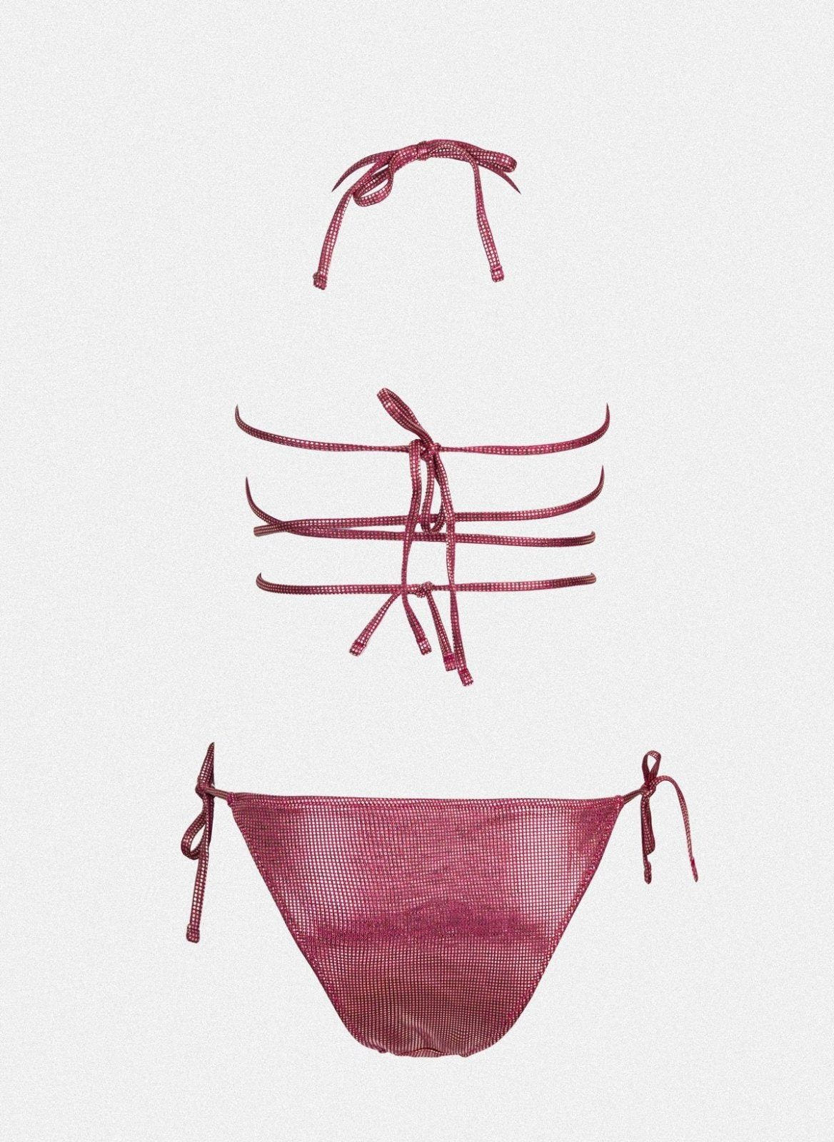 Dusty pink shimmer string bikini top with wrap straps and dusty pink side-tie bikini bottom, laid flat on white background