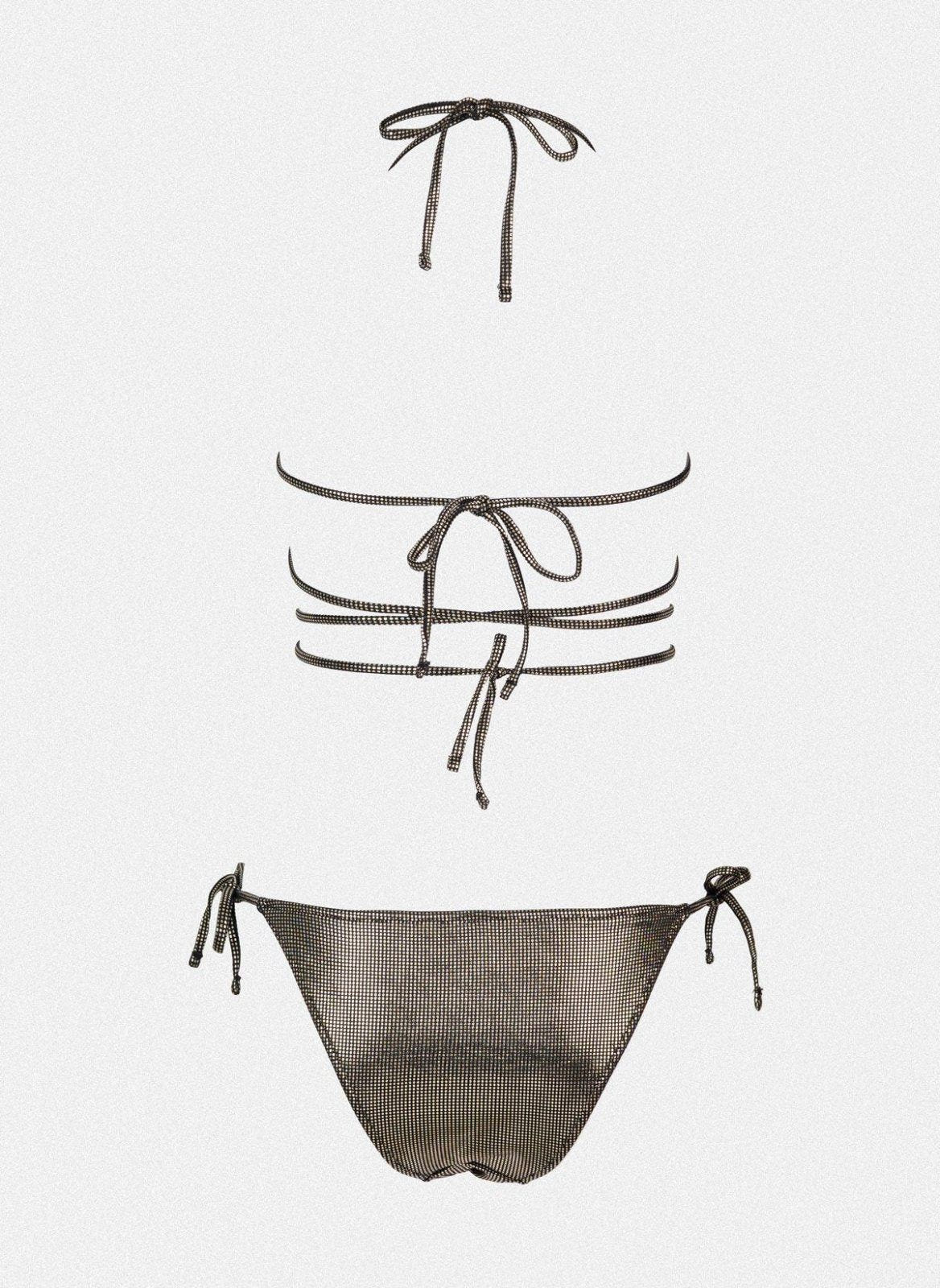 Dark grey shimmer string bikini top with wrap straps and dark grey side-tie bikini bottom, laid flat on white background