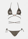 Dark grey shimmer triangle bikini top with ring detail, wrap straps and dark grey side-tie bikini bottom, laid flat on white