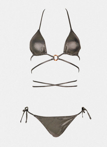 Dark grey shimmer triangle bikini top with ring detail, wrap straps and dark grey side-tie bikini bottom, laid flat on white