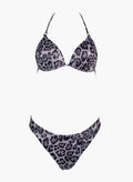 Grey leopard print triangle bikini top with halter tie and matching bikini bottom, laid flat on white background