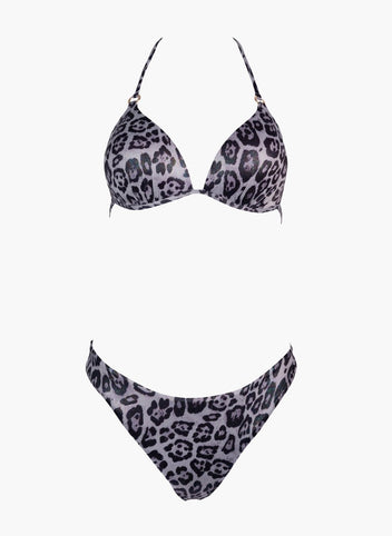 Grey leopard print triangle bikini top with halter tie and matching bikini bottom, laid flat on white background