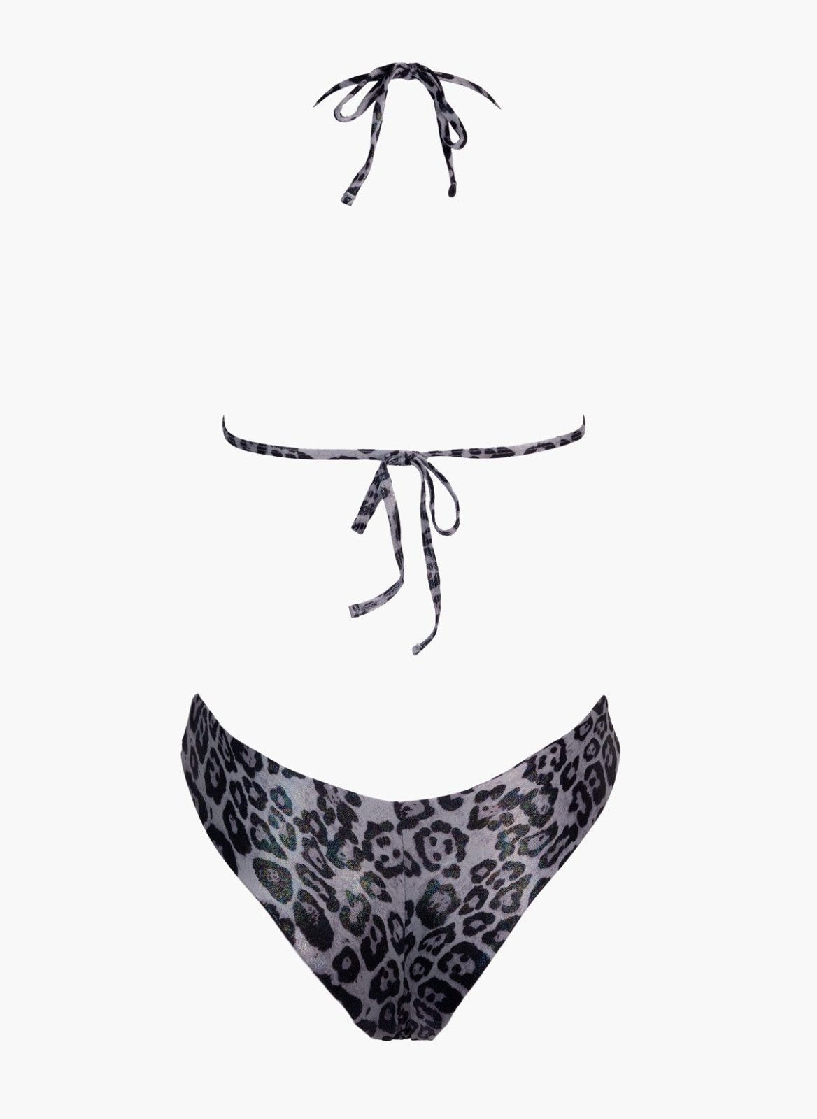 Grey leopard print string bikini top with tie back and matching bikini bottom, laid flat on white background