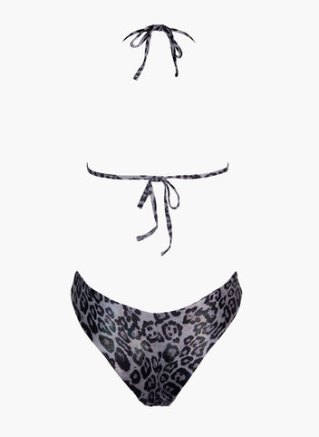 Grey leopard print string bikini top with tie back and matching bikini bottom, laid flat on white background