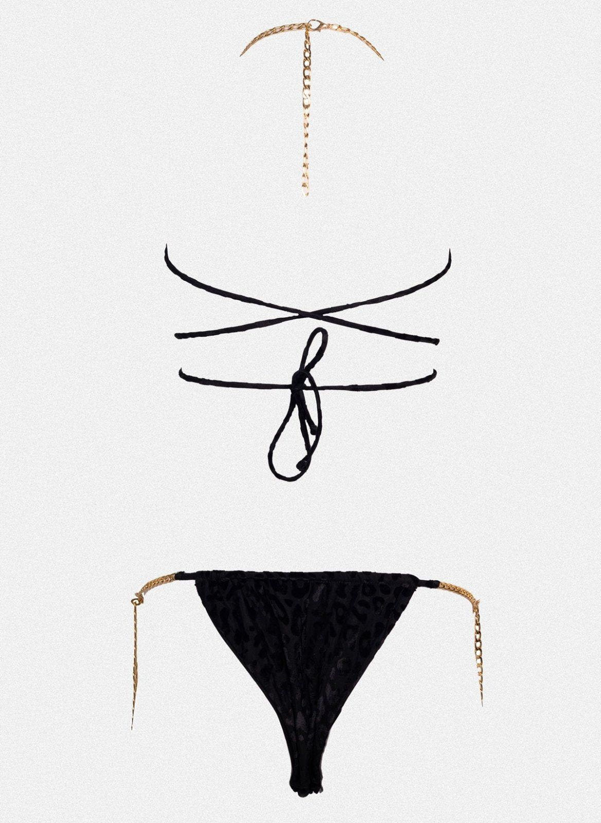 Black string bikini top with wrap straps and gold chain detail, matching black bikini bottom laid flat on white background