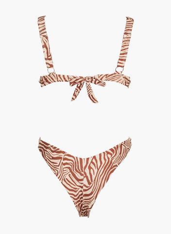 Tan and brown tiger print bikini top with tie back and matching bikini bottom, laid flat on white background