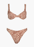 Tan and brown tiger print underwire bikini top and matching bikini bottom, laid flat on white background