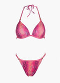 Pink snake print triangle bikini top with halter tie and matching bikini bottom, laid flat on white background