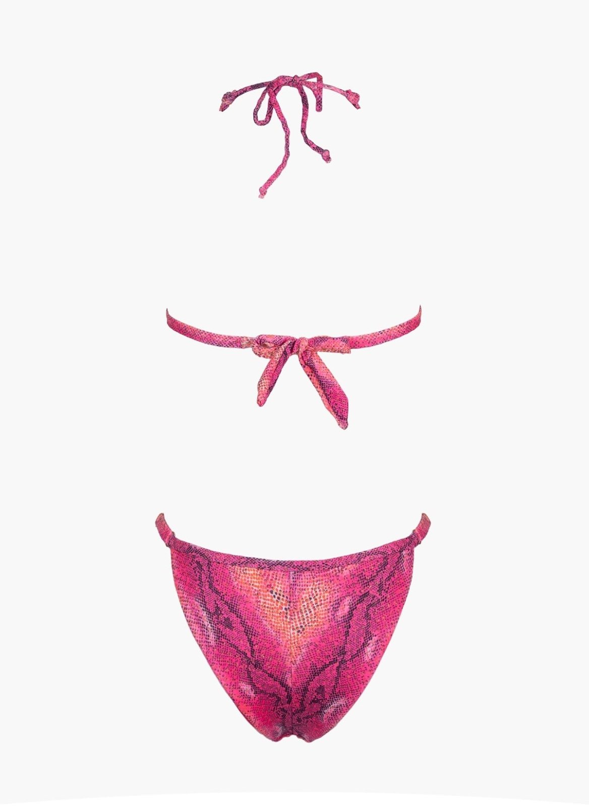 Pink snake print string bikini top with tie back and matching bikini bottom, laid flat on white background