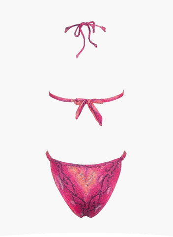 Pink snake print string bikini top with tie back and matching bikini bottom, laid flat on white background