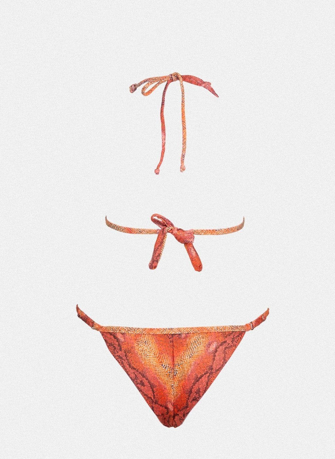 Orange snake print string bikini top with tie back and matching bikini bottom, laid flat on white background