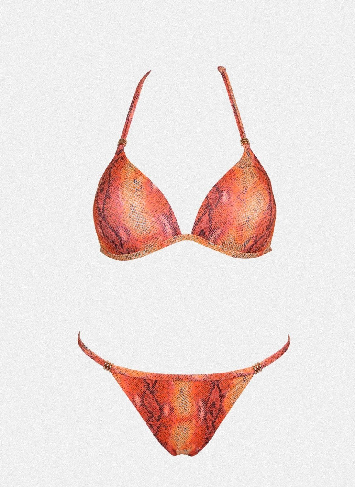 Orange snake print triangle bikini top with halter tie and matching bikini bottom, laid flat on white background