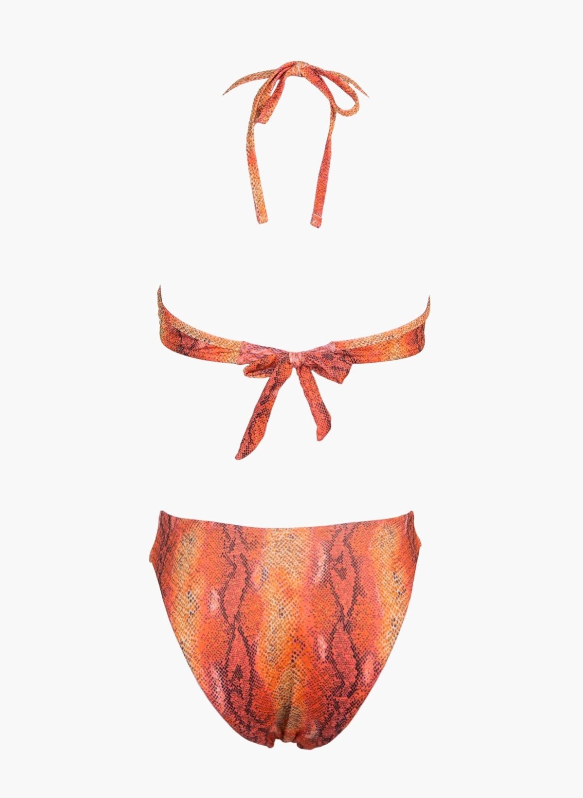 Orange snake print string bikini top with tie back and matching bikini bottom, laid flat on white background