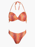 Orange snake print halter underwire bikini top and matching bikini bottom, laid flat on white background