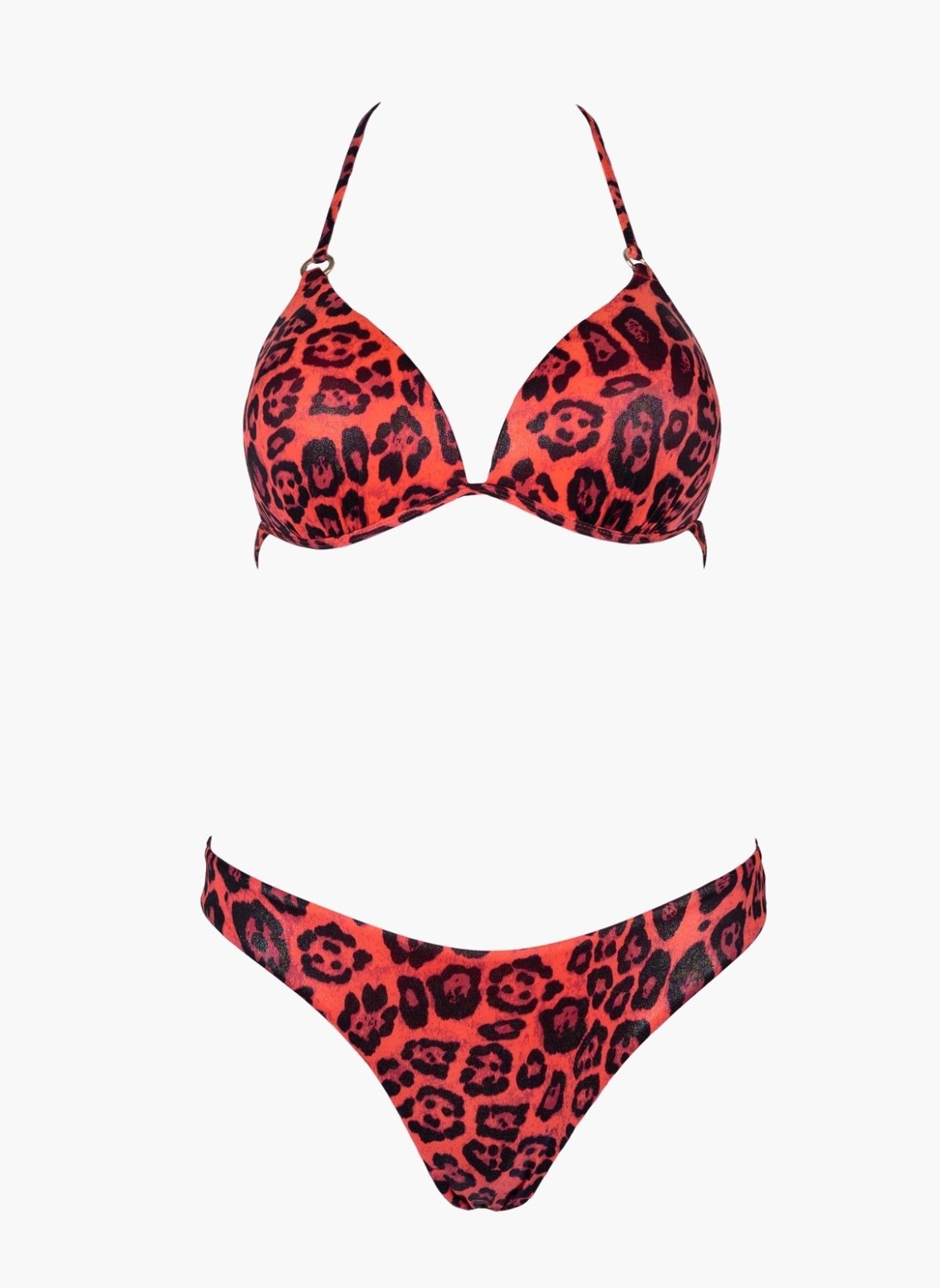 Red leopard print triangle bikini top with halter tie and matching bikini bottom, laid flat on white background