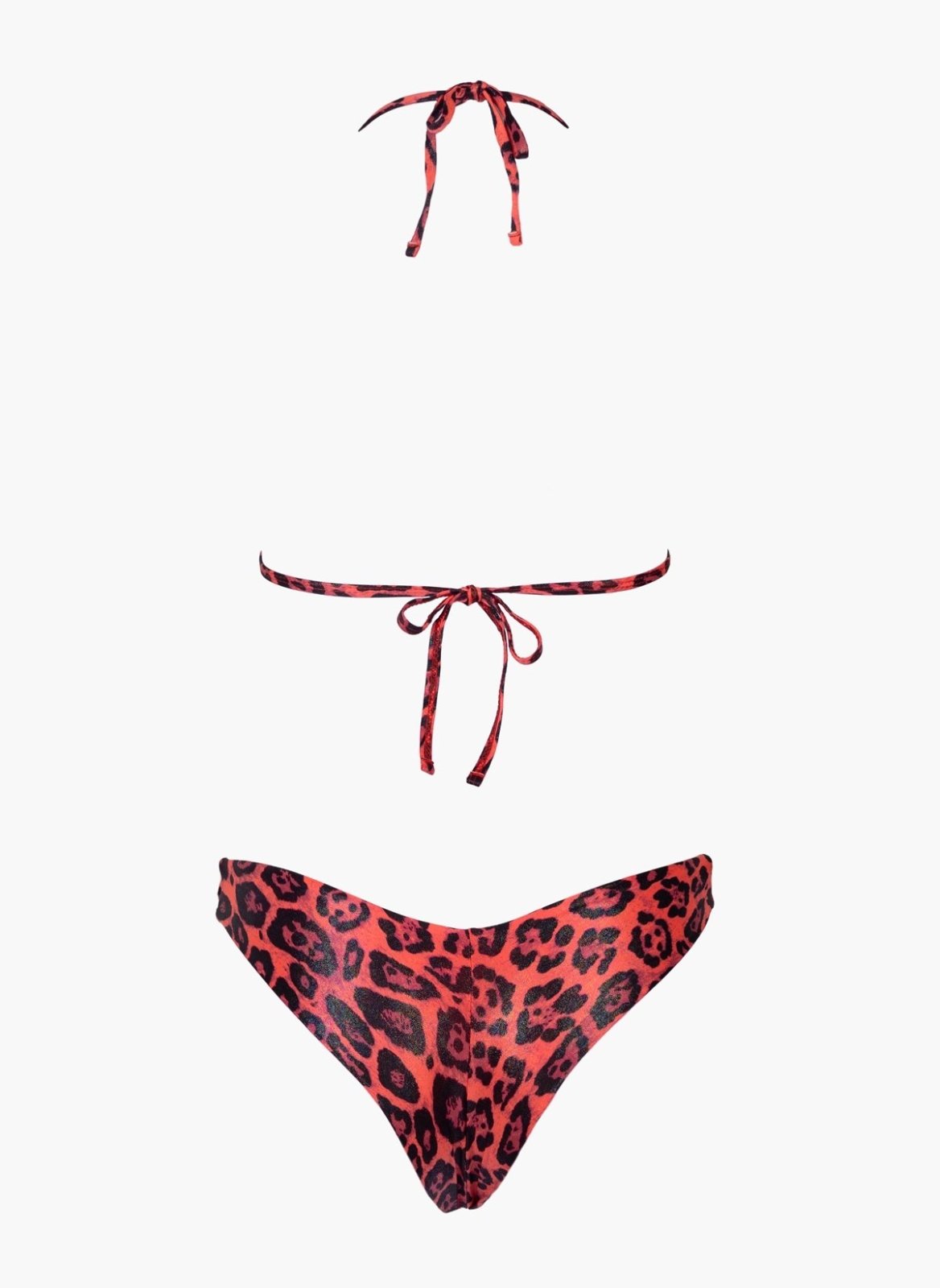 Red leopard print string bikini top with tie back and matching bikini bottom, laid flat on white background