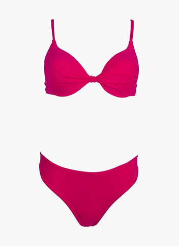 Fuchsia underwire push-up bikini top with thin straps and fuchsia bikini bottom, laid flat on white background