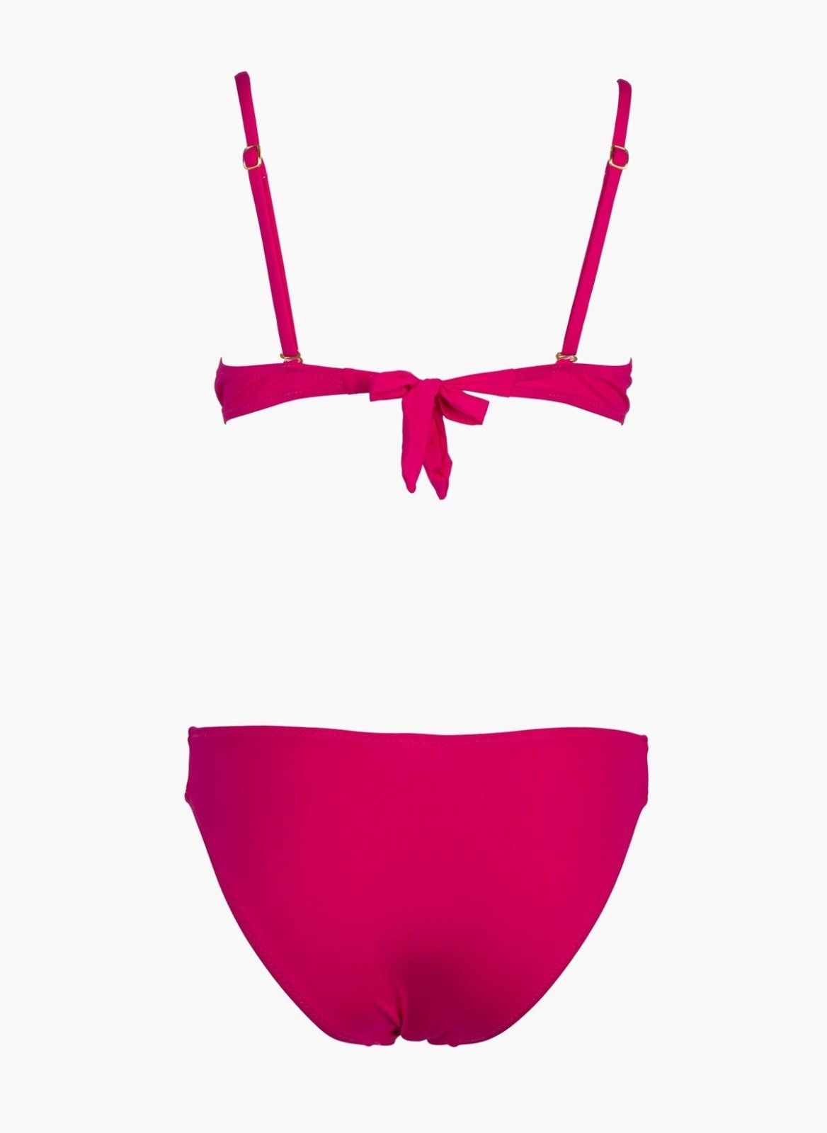 Fuchsia underwire bikini top with tie front and fuchsia bikini bottom, laid flat on white background