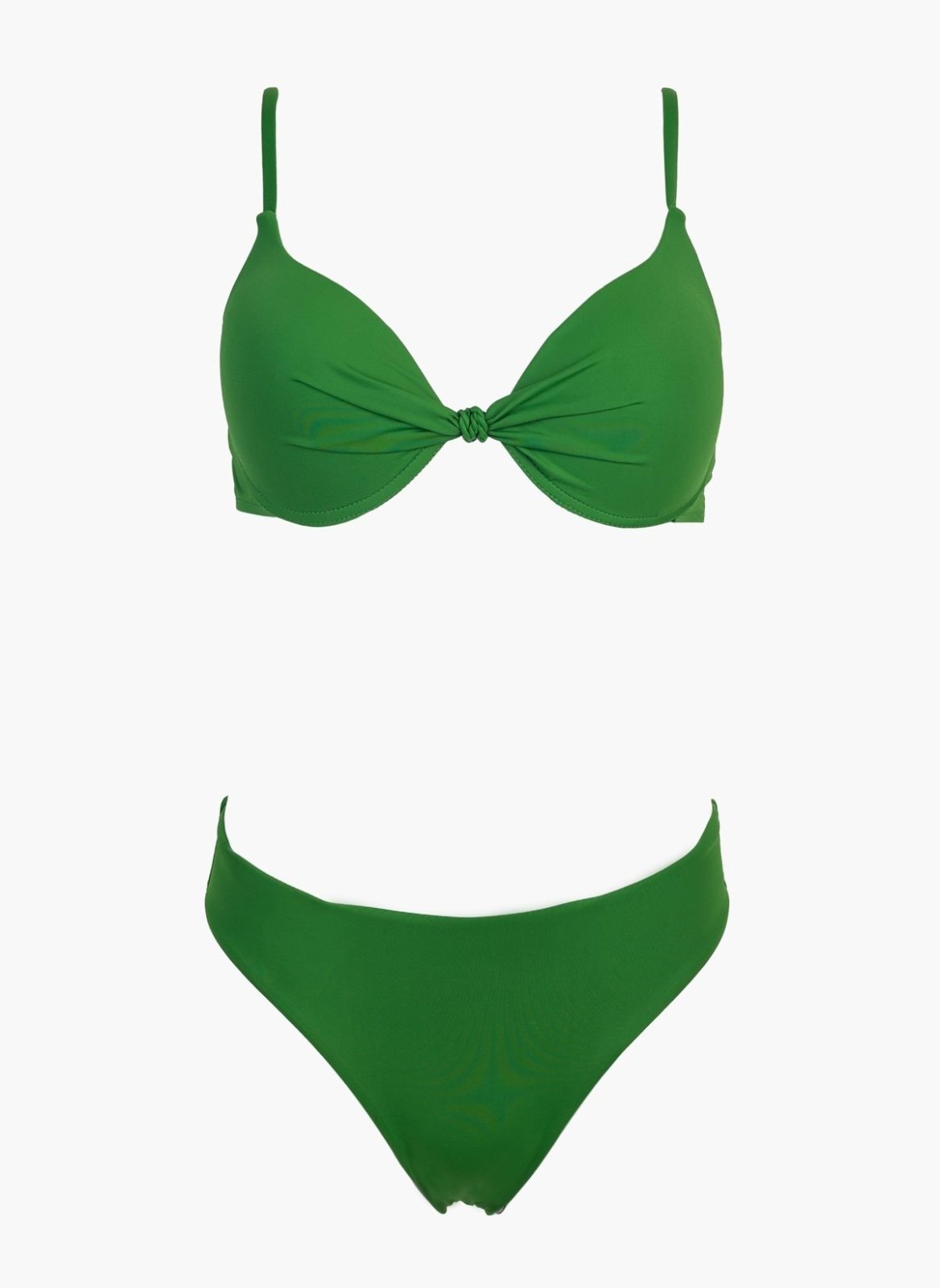 Green underwire push-up bikini top with knot detail and green bikini bottom, laid flat on white background