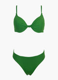 Green underwire push-up bikini top with knot detail and green bikini bottom, laid flat on white background