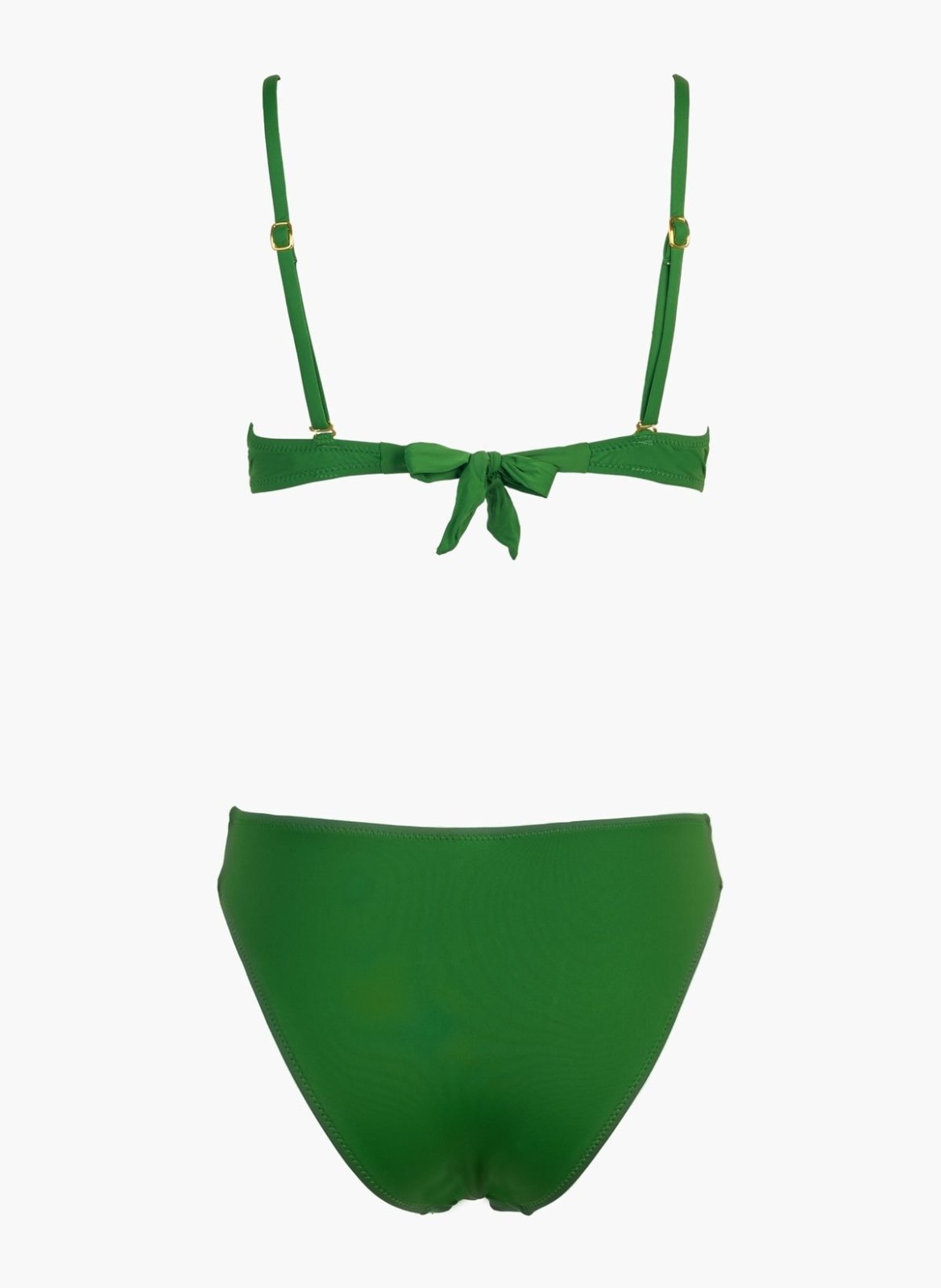 Green underwire bikini top with tie front and green bikini bottom, laid flat on white background