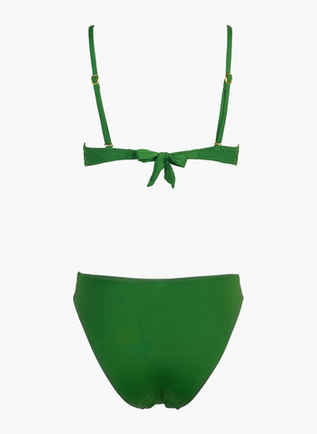 Green underwire bikini top with tie front and green bikini bottom, laid flat on white background