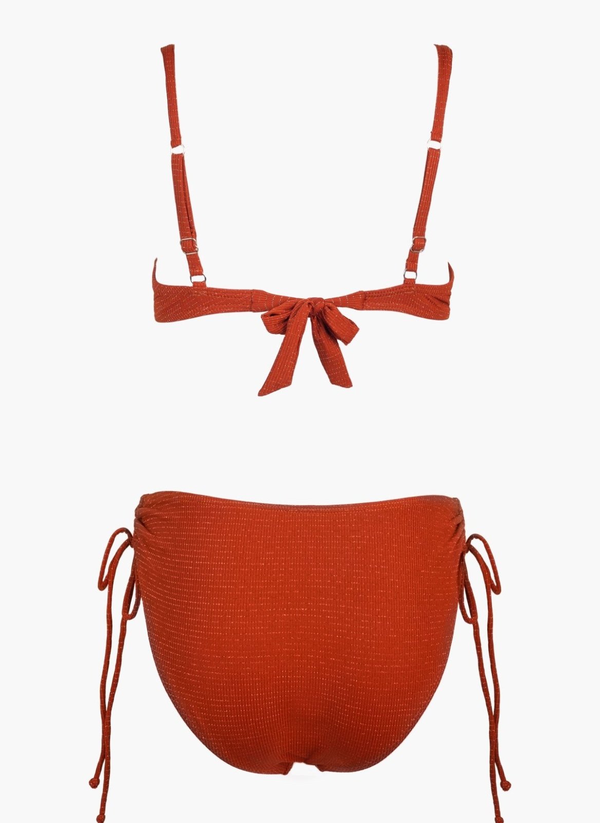Rust orange underwire bikini top with tie front and rust orange bikini bottom with side ties, laid flat on white