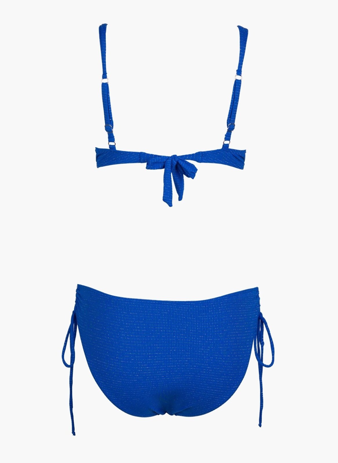 Cobalt blue underwire bikini top with tie back and cobalt blue side-tie bikini bottom, laid flat on white background