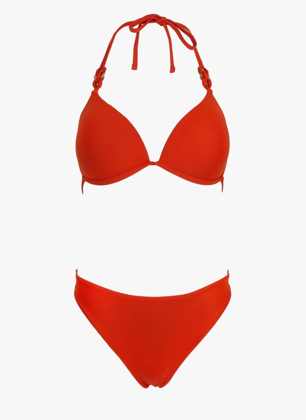 Red underwire halter bikini top with ring details and red bikini bottom, laid flat on white background