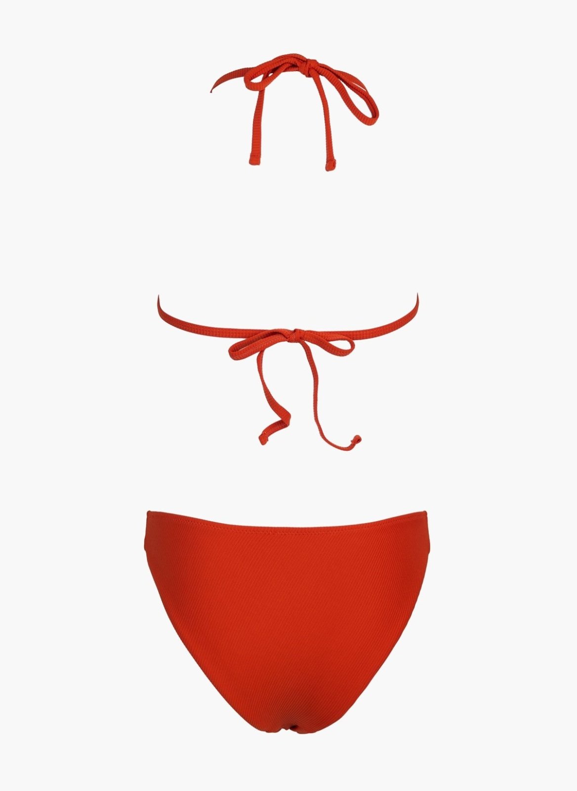 Red string bikini top with tie straps and red high-waist bikini bottom, laid flat on white background