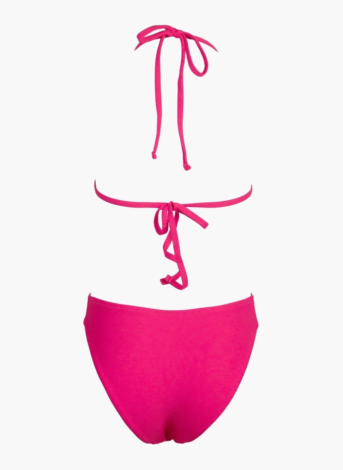 Fuchsia string bikini top with tie back and fuchsia high-waist bikini bottom, laid flat on white background