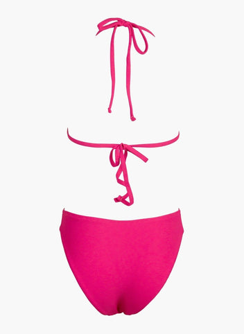 Fuchsia string bikini top with tie back and fuchsia high-waist bikini bottom, laid flat on white background