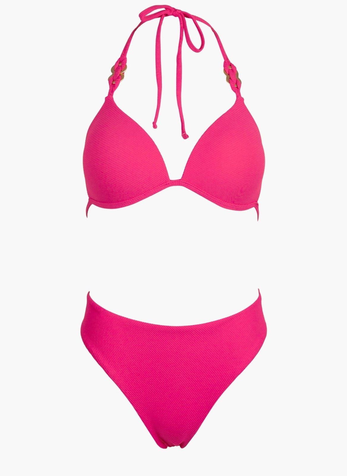Fuchsia triangle halter bikini top and fuchsia high-waist bikini bottom, laid flat on white background