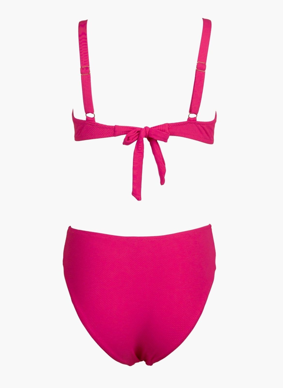 Fuchsia underwire bikini top with tie front and fuchsia high-waist bikini bottom, laid flat on white background