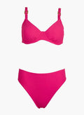 Fuchsia underwire bikini top with thin straps and fuchsia high-waist bikini bottom, laid flat on white background