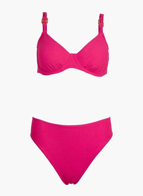 Ribbed Bikini Set with Metal Rings - Fuchsia