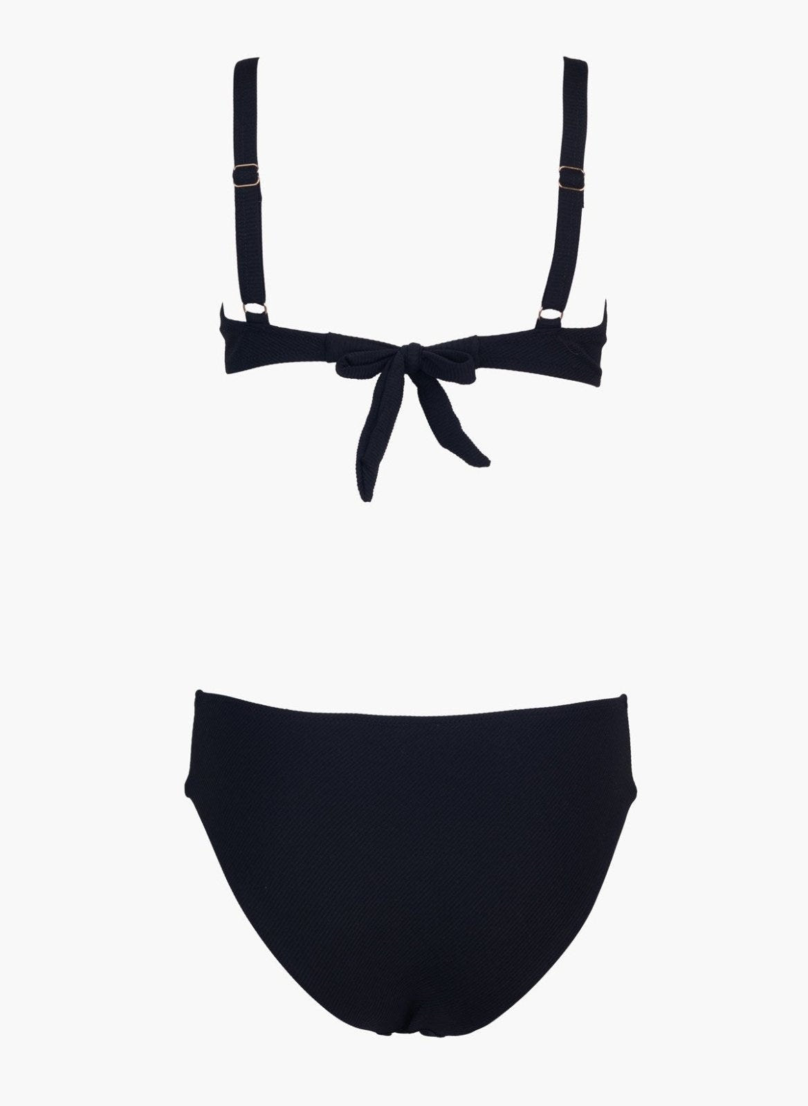Black underwire bikini top with tie front and black high-waist bikini bottom, laid flat on white background