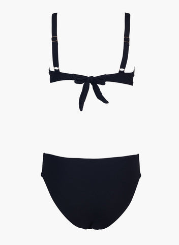 Black underwire bikini top with tie front and black high-waist bikini bottom, laid flat on white background