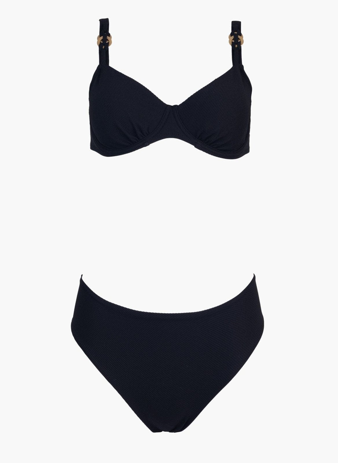 Black underwire bikini top with thin straps and black high-waist bikini bottom, laid flat on white background