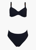 Black underwire bikini top with thin straps and black high-waist bikini bottom, laid flat on white background