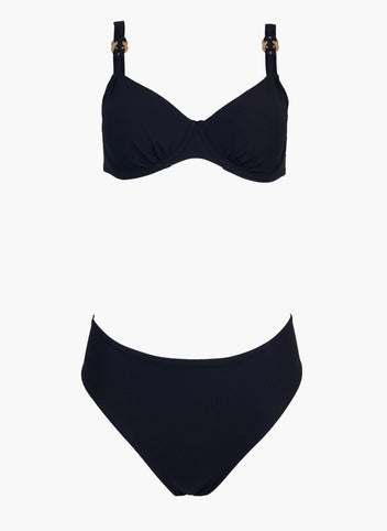 Black underwire bikini top with thin straps and black high-waist bikini bottom, laid flat on white background