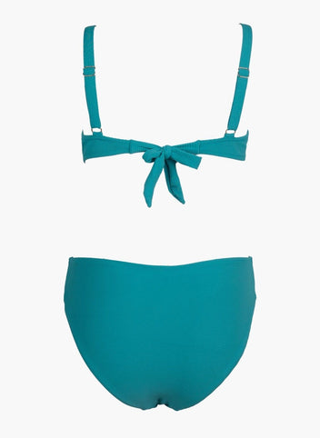 Teal underwire bikini top with tie front and teal bikini bottom, laid flat on white background