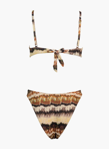 Brown and cream wave print bikini top with tie front and matching bikini bottom, laid flat on white background