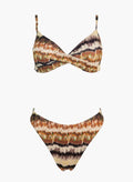Brown and cream wave print underwire bikini top and matching bikini bottom, laid flat on white background