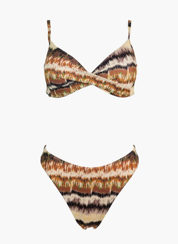 Brown and cream wave print underwire bikini top and matching bikini bottom, laid flat on white background